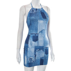 Self tie drawstring halter backless denim print contrast mini dress