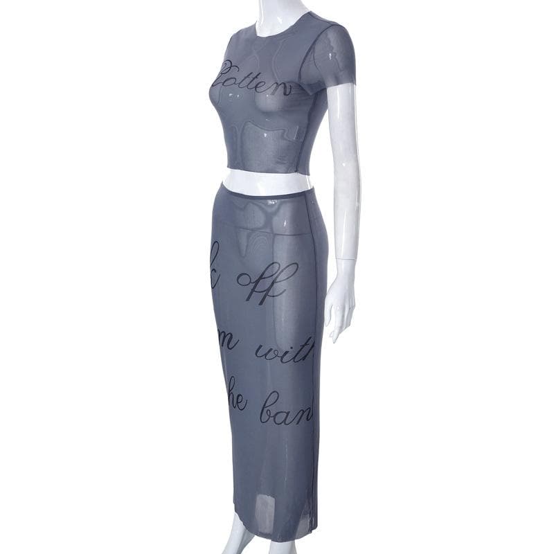 Crewneck short sleeve sheer mesh see through maxi skirt set