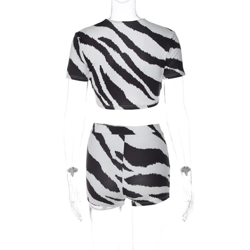 Metal chain zebra print short sleeve contrast low cut pant set