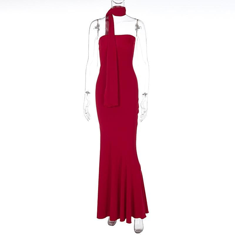 Ribbed ruffle solid backless sleeveless tube maxi dress