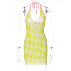 Sheer mesh plaid contrast print halter ruffle backless mini dress