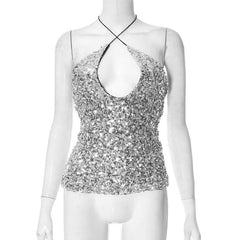 Cross front halter self tie glitter hollow out backless cut out top