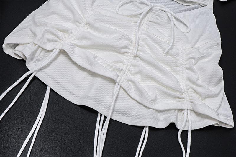 Solid irregular gloves off shoulder drawstring hollow out mini dress