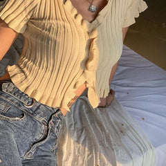 Short sleeve ribbed ruffled buttoned crop top