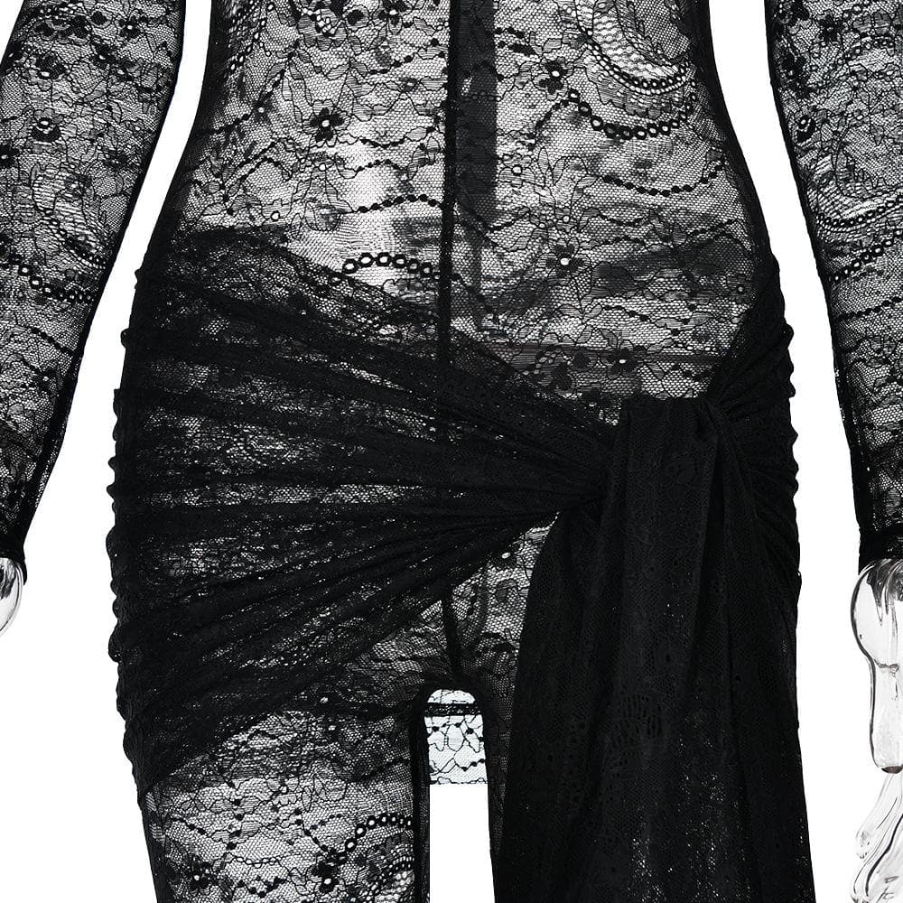 Lace see through long sleeve self tie zip-up jumpsuit