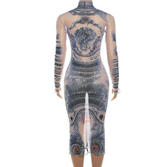 Sheer mesh see through abstract contrast print long sleeve gloves midi dress