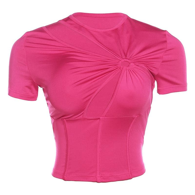 Short sleeve crewneck ruched hollow out corset cut out top