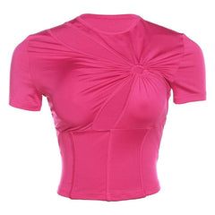 Short sleeve crewneck ruched hollow out corset cut out top