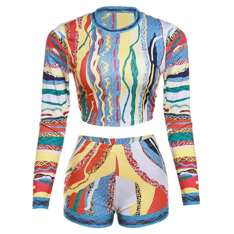 Contrast print crewneck long sleeve pant set