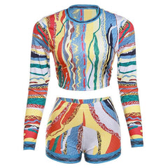 Contrast print crewneck long sleeve pant set