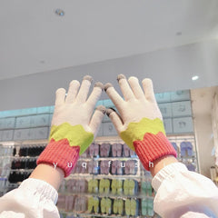 Touch screen knitted patchwork full finger gloves