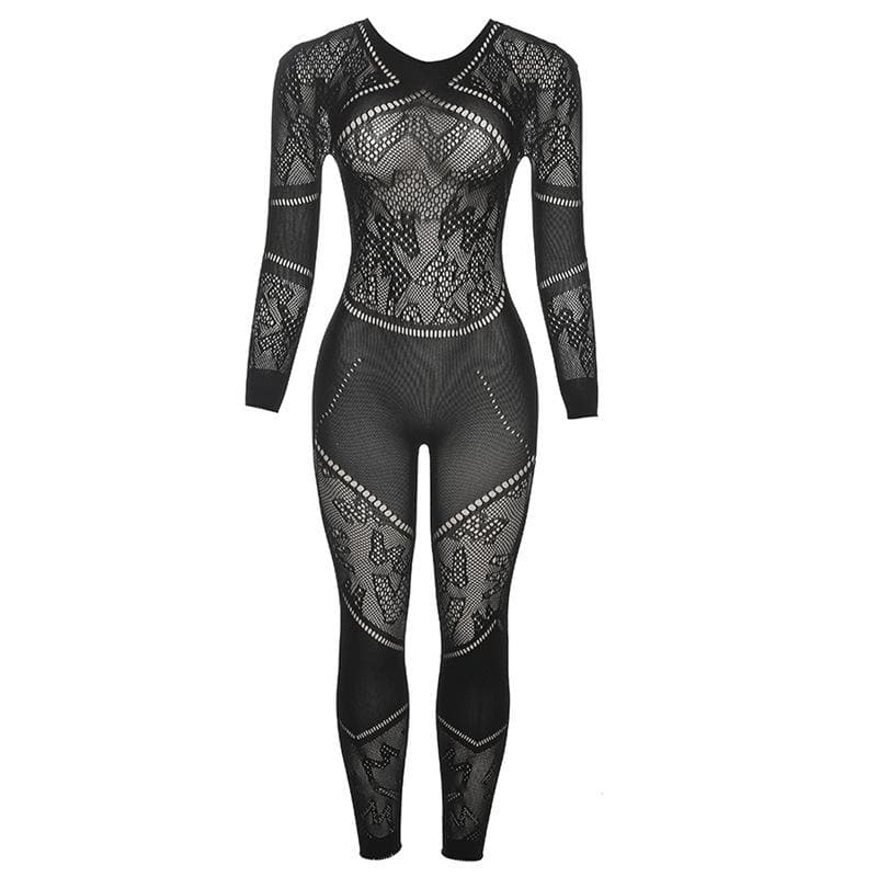 Crewneck fishnet long sleeve hollow out solid see through jumpsuit