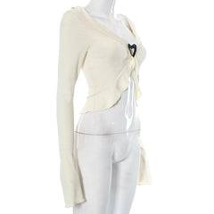 Ribbed flared sleeve heart applique ruffle v neck crop top