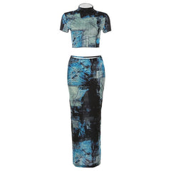 Short sleeve high neck contrast print maxi skirt set