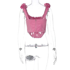 Square neck flower applique sleeveless zip-up corset top