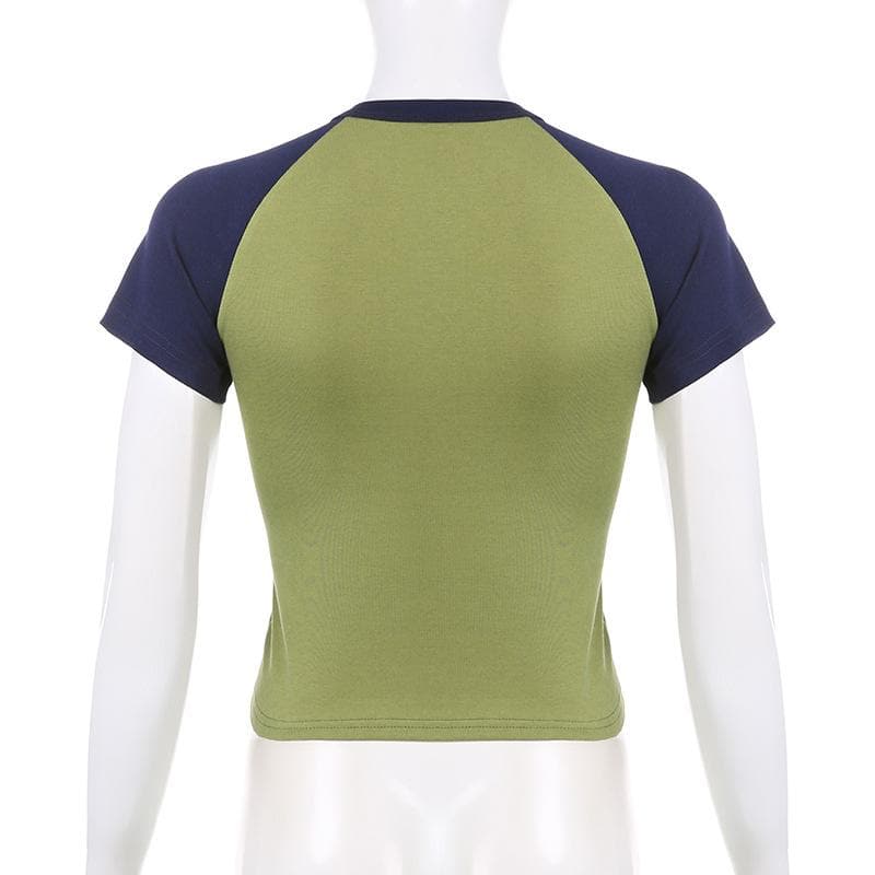 Patchwork contrast short sleeve crewneck "moody" pattern crop top