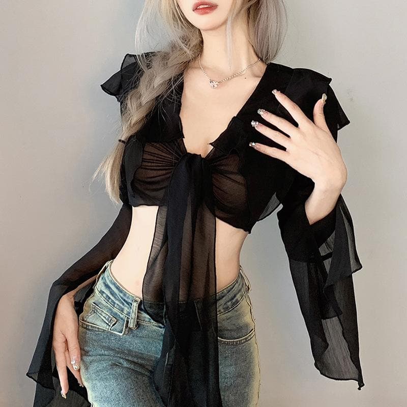 Solid long sleeve turnover collar bowknot self tie crop top