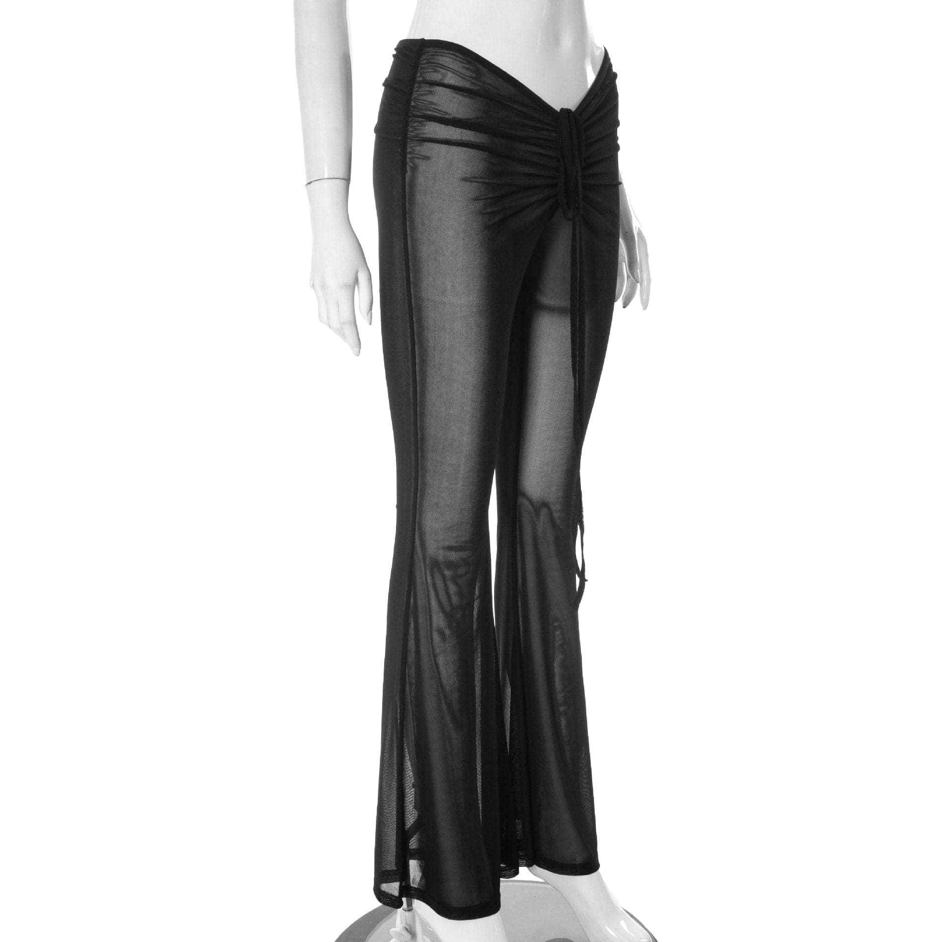 Ruched self tie low rise sheer mesh see through flared pant