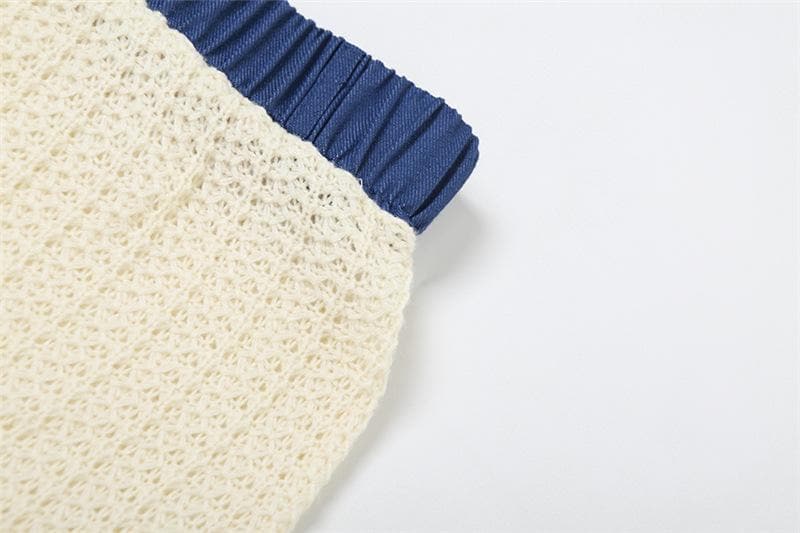 Crewneck long sleeve crochet contrast patchwork mini skirt set