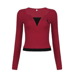 Patchwork button contrast long sleeve embroidery top