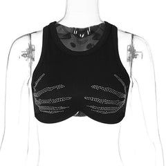 Palm pattern beaded ribbed sleeveless round neck crop top