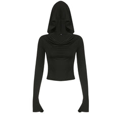 Cowl neck solid long flared sleeve hoodie 2-way top
