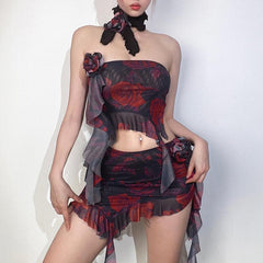 Sheer mesh see through ruffle flower applique contrast print tube mini skirt set