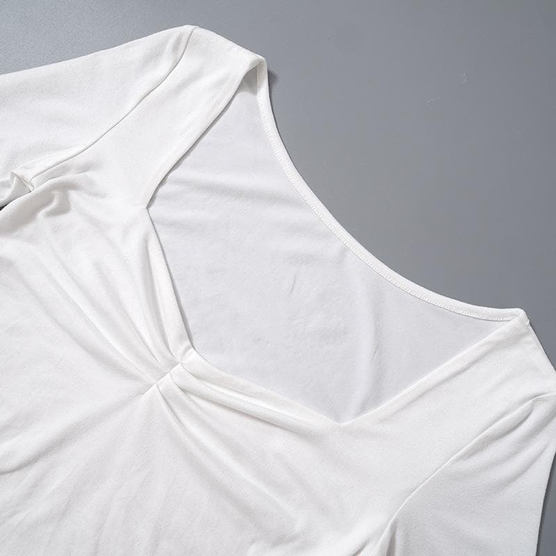 Square neck ruched long sleeve slit solid top