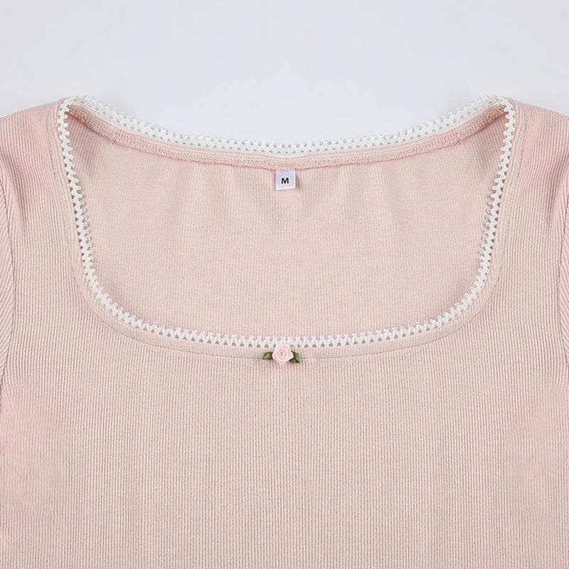 Ribbed lace hem square neck solid long sleeve top