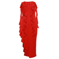 Ruffle high slit ruched irregular solid tube midi dress