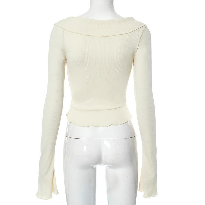 Ribbed flared sleeve heart applique ruffle v neck crop top