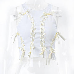 Sleeveless round neck lace up hollow out ribbed crop cut out top