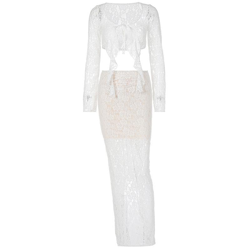 Self tie contrast lace see through ruched long sleeve maxi skirt set