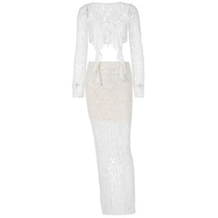 Self tie contrast lace see through ruched long sleeve maxi skirt set