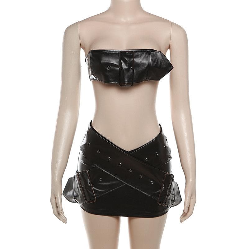 Buckle PU leather cross front backless solid tube mini skirt set