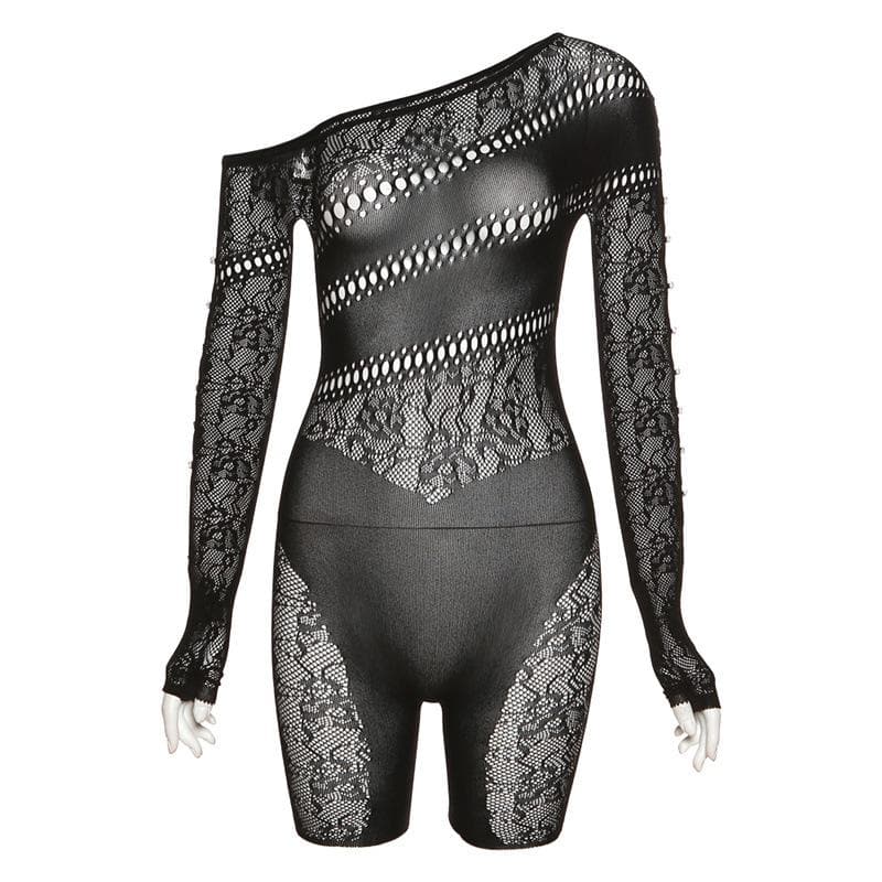 Off shoulder gloves long sleeve lace fishnet button see through romper