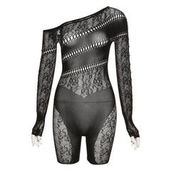 Off shoulder gloves long sleeve lace fishnet button see through romper
