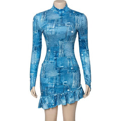 Ruffle long sleeve denim print backless high neck mini dress