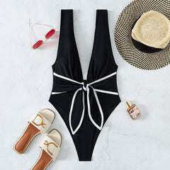 V neck sleeveless knotted contrast one piece swimwear