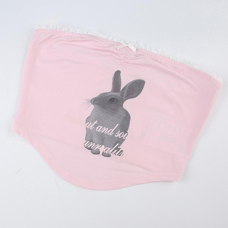 Rabbit pattern contrast lace hem shrug 2 piece crop top