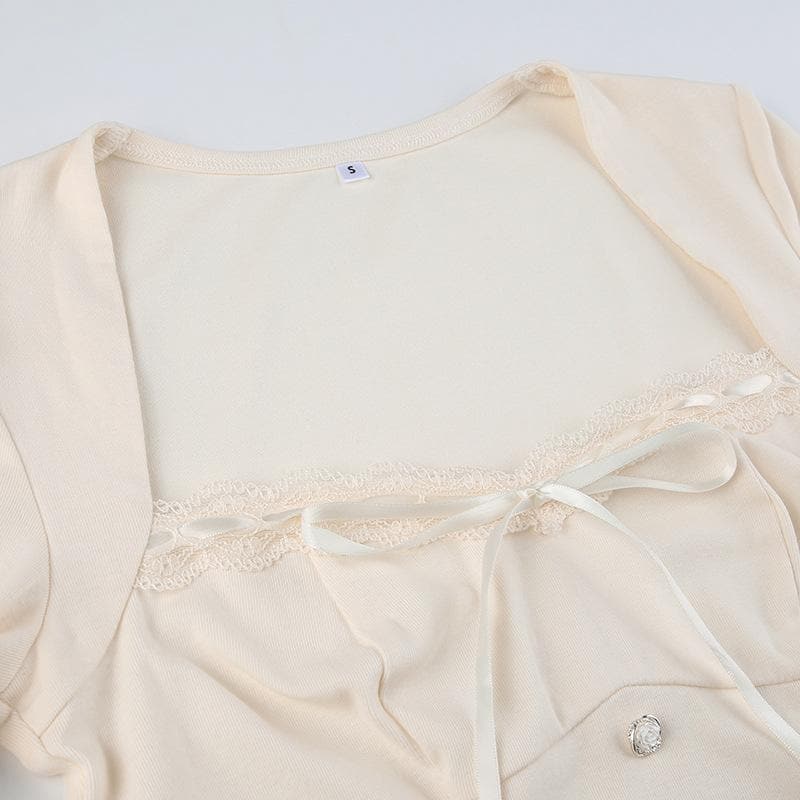 Square neck lace hem button solid long sleeve top