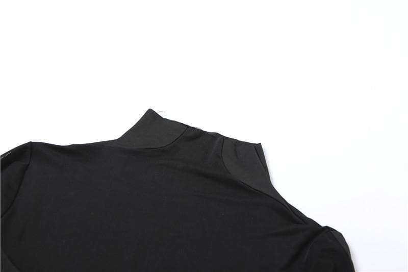 Solid long sleeve mesh gloves high neck patchwork bodysuit