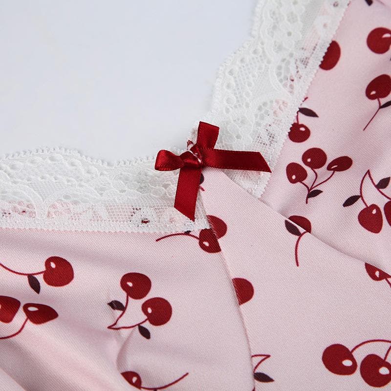 Cherry print contrast lace hem v neck sleeveless mini dress