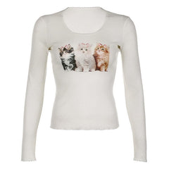 Cat pattern long sleeve round neck textured ruffle top