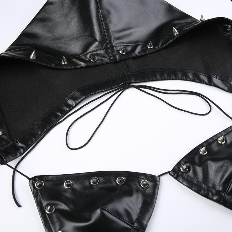 Rivet PU leather hoodie self tie backless crop top