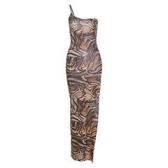 One shoulder slit leopard maxi dress