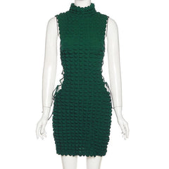 Sleeveless high neck lace up side mini dress