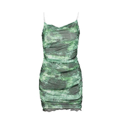 Sheer mesh tie dye print spaghetti strap cowl neck cami dress