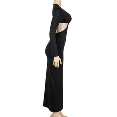 Solid o ring long sleeve v neck hollow out maxi dress