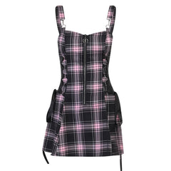 Plaid zip-up contrast sleeveless lace up backless mini dress